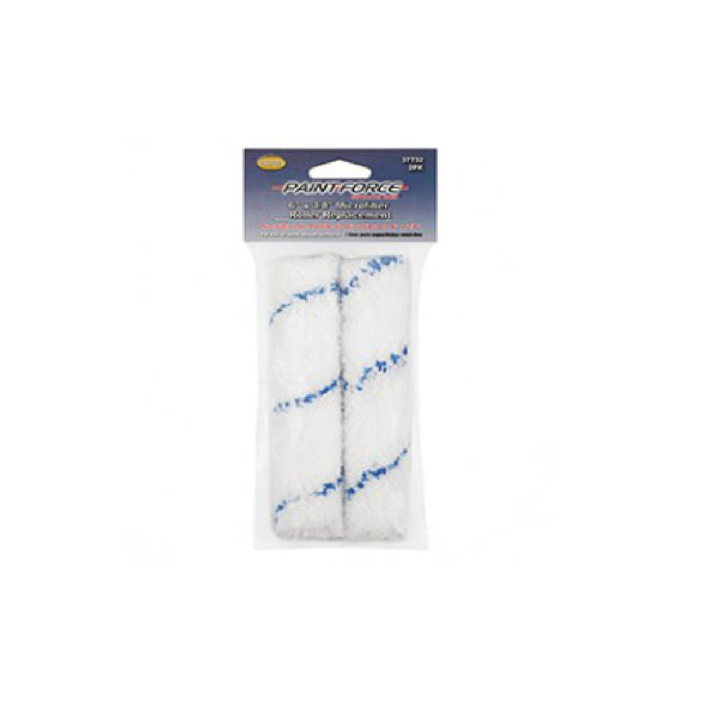 The PAINT-FORCE 37732 6 in. x 3/8 in. Nap Microfiber Mini Roller Refill (2-Pack) features white and blue striped microfiber rollers packaged in a clear plastic bag with a labeled header—ideal for professional contractors.